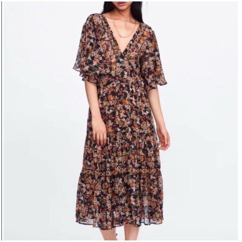 Zara Dress Large Midi Dark Floral Chiffon Tiered Flutter Sleeve Beaded Boho